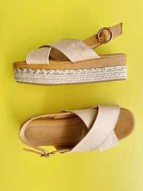 Sz 8 Bamboo Criss Cross Adjustable Slingback Raffia Platform Wedge Sandals EUC